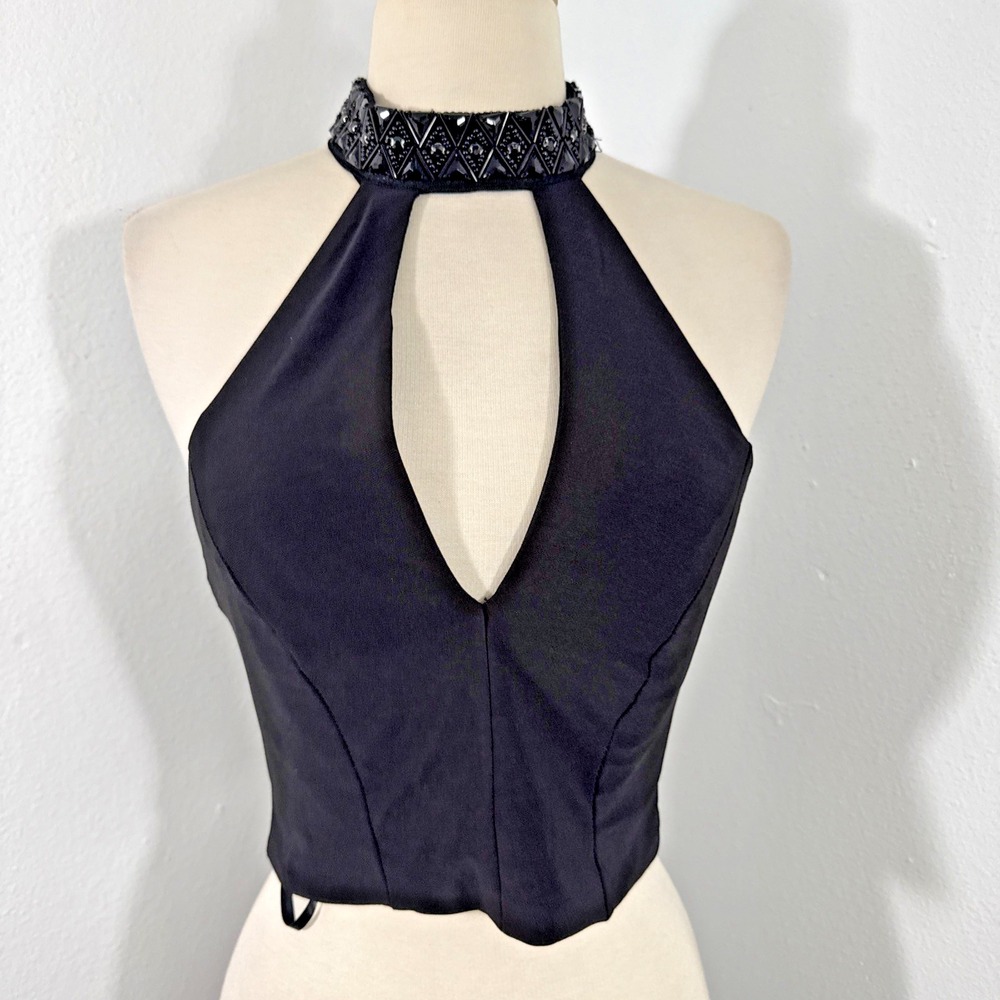 B. Darlin Crop Top Womens 5/6 Black‎ Halter Beaded Whimsigoth Romantic